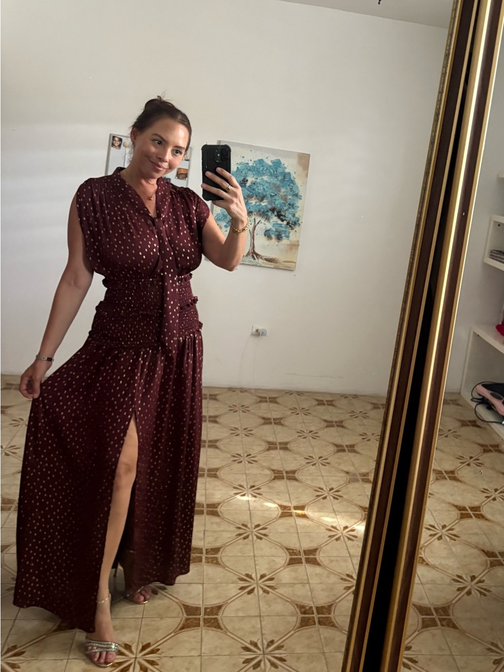 Women's Burgundy Polka Dot Maxi Dress with Front Slit